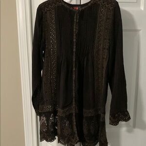 JOHNNY WAS Dark Brown Tunic with tonal embroidery and lace, M